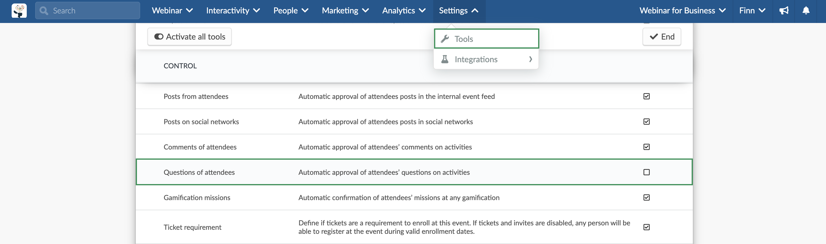 Disabling automatic approval of attendees questions in the activities