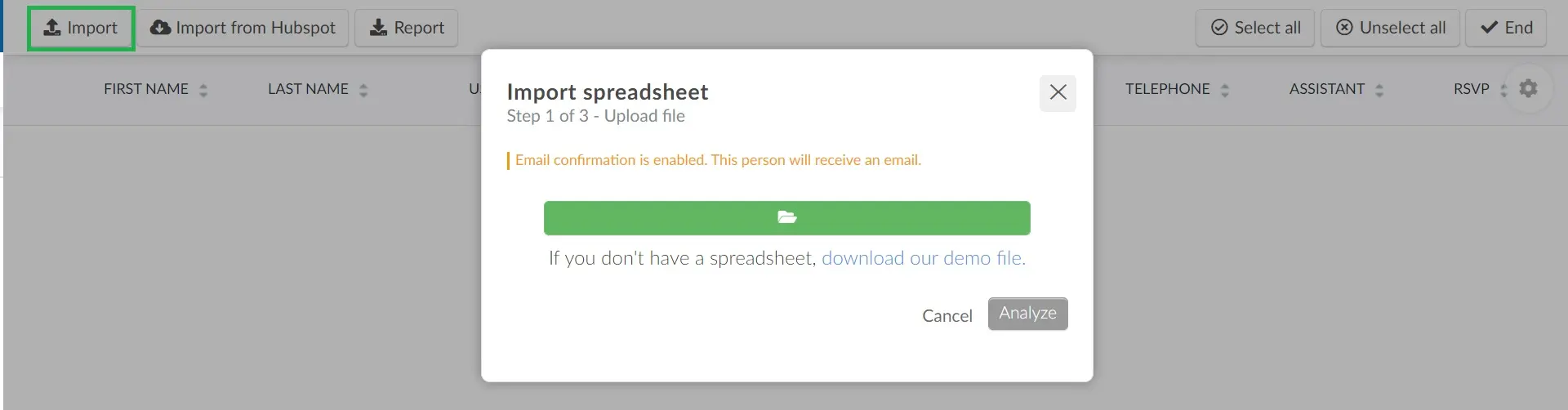 Screenshot showing the import invitees spreadsheet upload option.