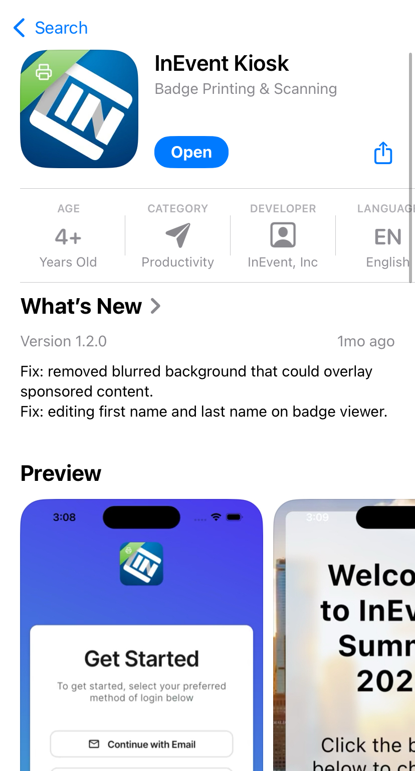 Screenshot showing the installed InEvent Kiosk app