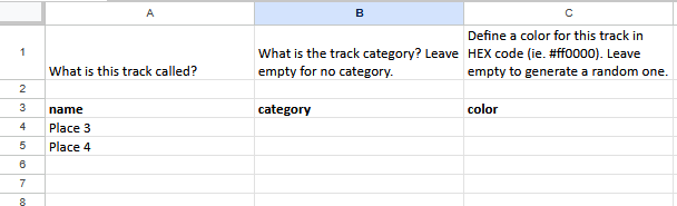 A spreadsheet showing places 