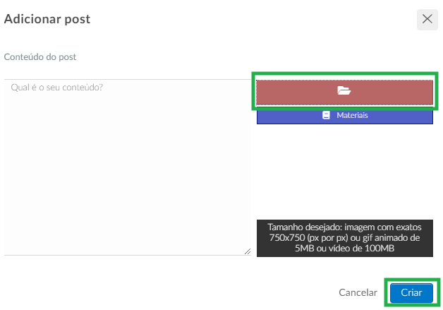 Menu adição imagens feed