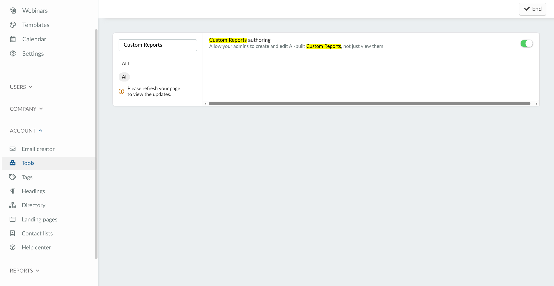 Screenshot showing the Custom Reports authoring tool
