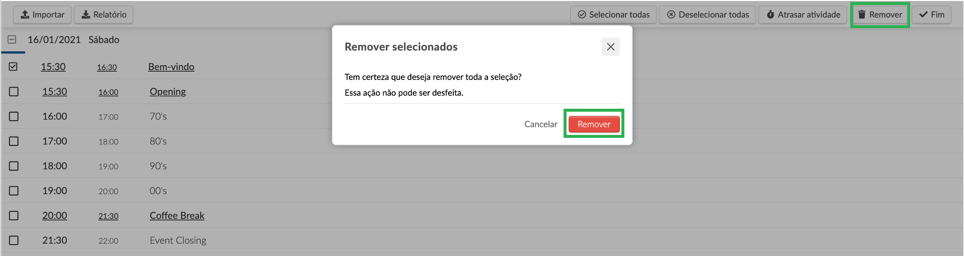 Deletando uma atividade