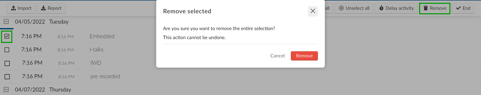 screenshot showing how to remove an activity