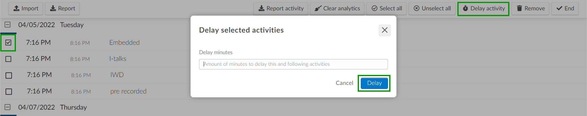 screenshot showing how to delay activities