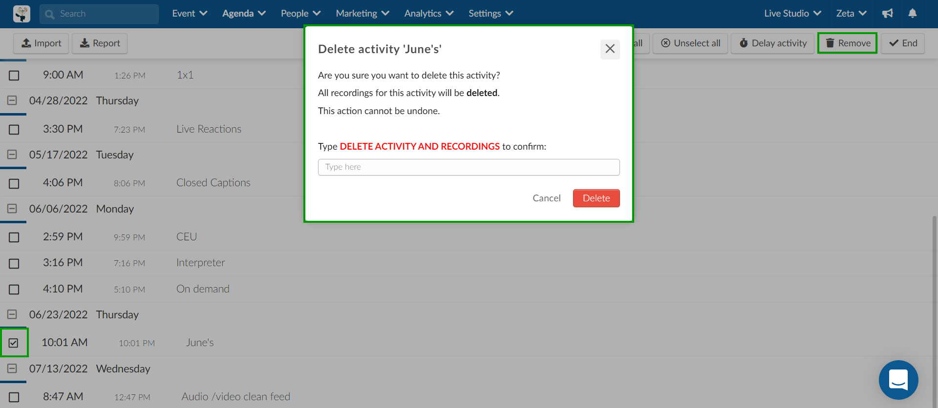 screenshot showing how to remove an activity
