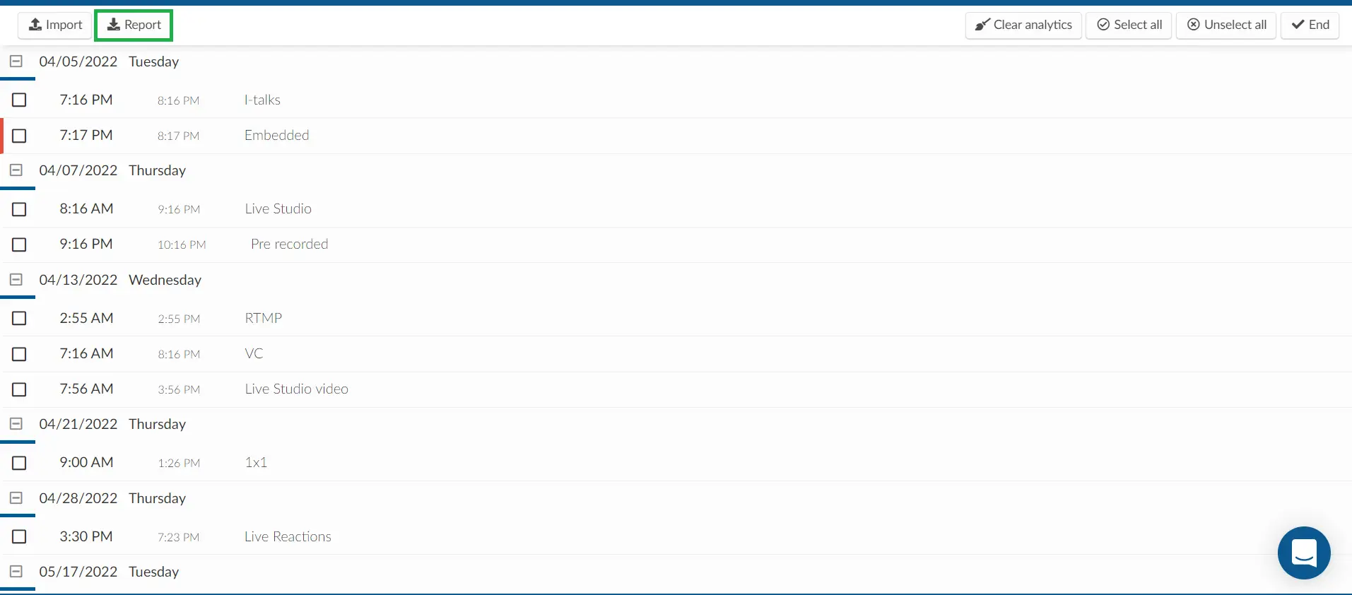 report button inside the activity