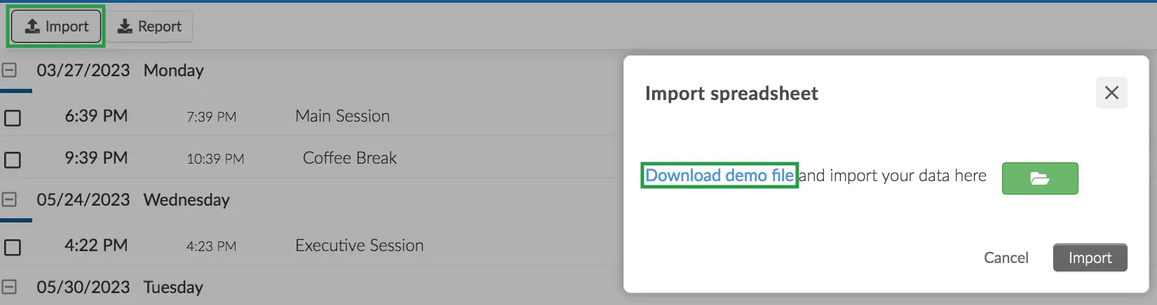 Image showing how to download a demofile, after clicking on Edit, click on import and then on download demofile