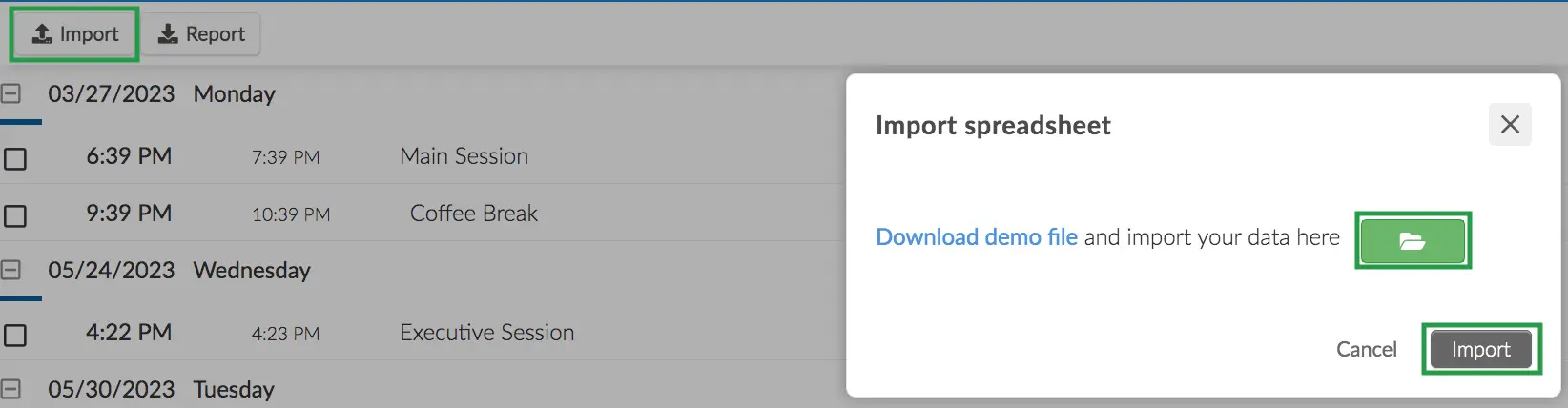 Image showing how to Import a spreadsheet by clicking on Import on top and then by clicking on the green folder and then import button in the window.