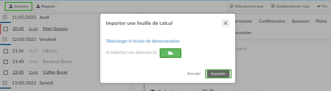 Image montrant comment importer une feuille de calcul en cliquant sur Importer en haut, puis en cliquant sur le dossier vert et enfin sur le bouton d'importation dans la fenêtre.