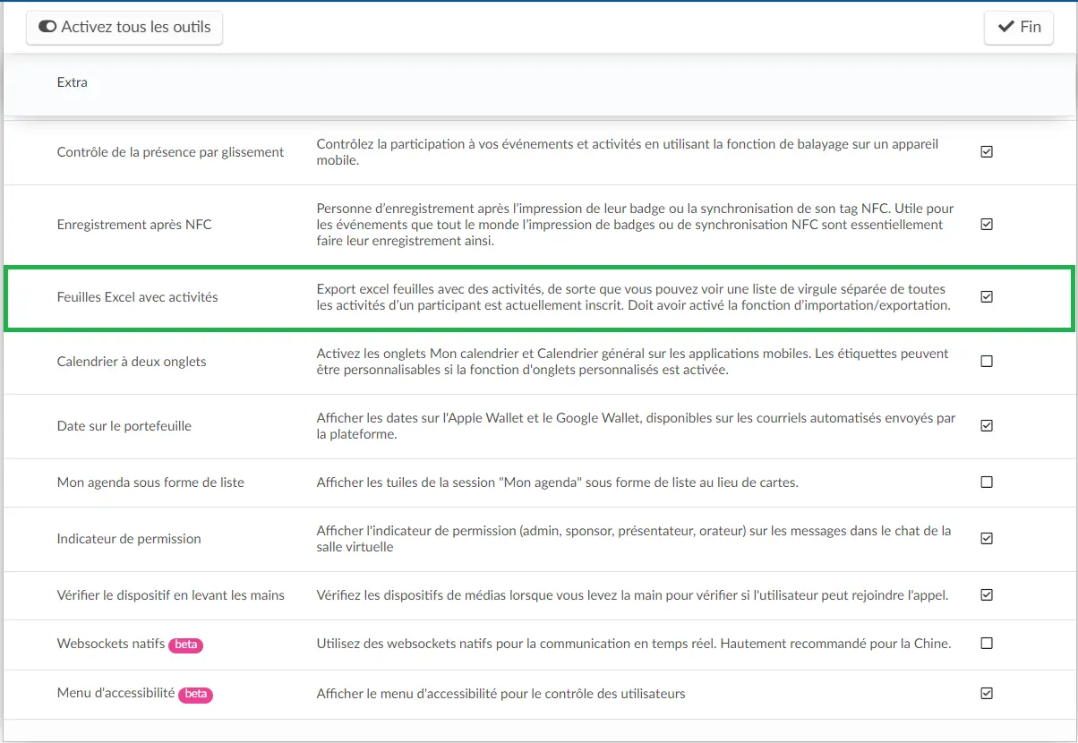 Activer l'outil 'Feuilles Excel avec activités'