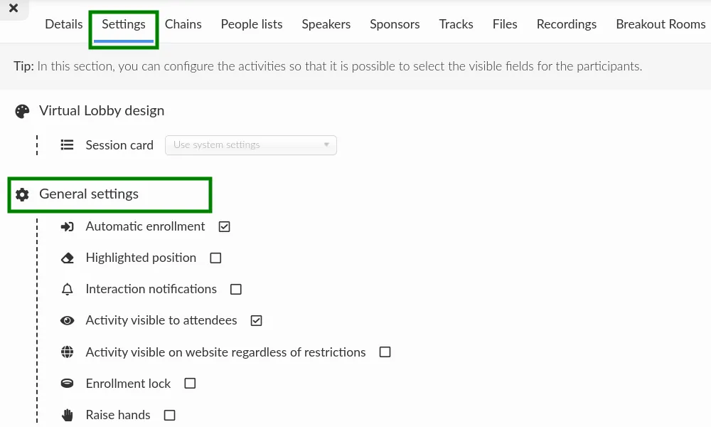 General setting tabs