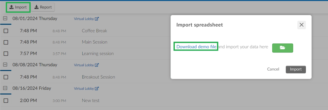 Image showing how to download a demofile, after clicking on Edit, click on import and then on download demofile