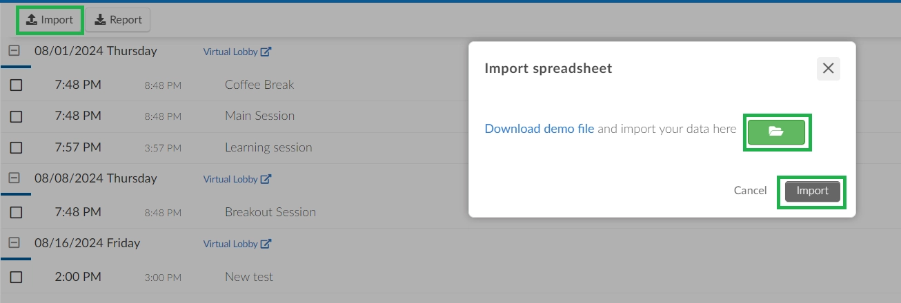 Image showing how to Import a spreadsheet by clicking on Import on top and then by clicking on the green folder and then import button in the window.