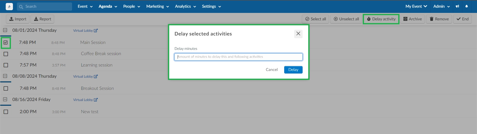 screenshot showing how to delay activities