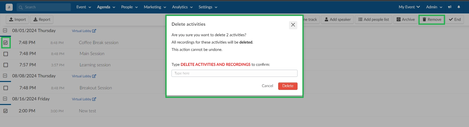 screenshot showing how to remove an activity