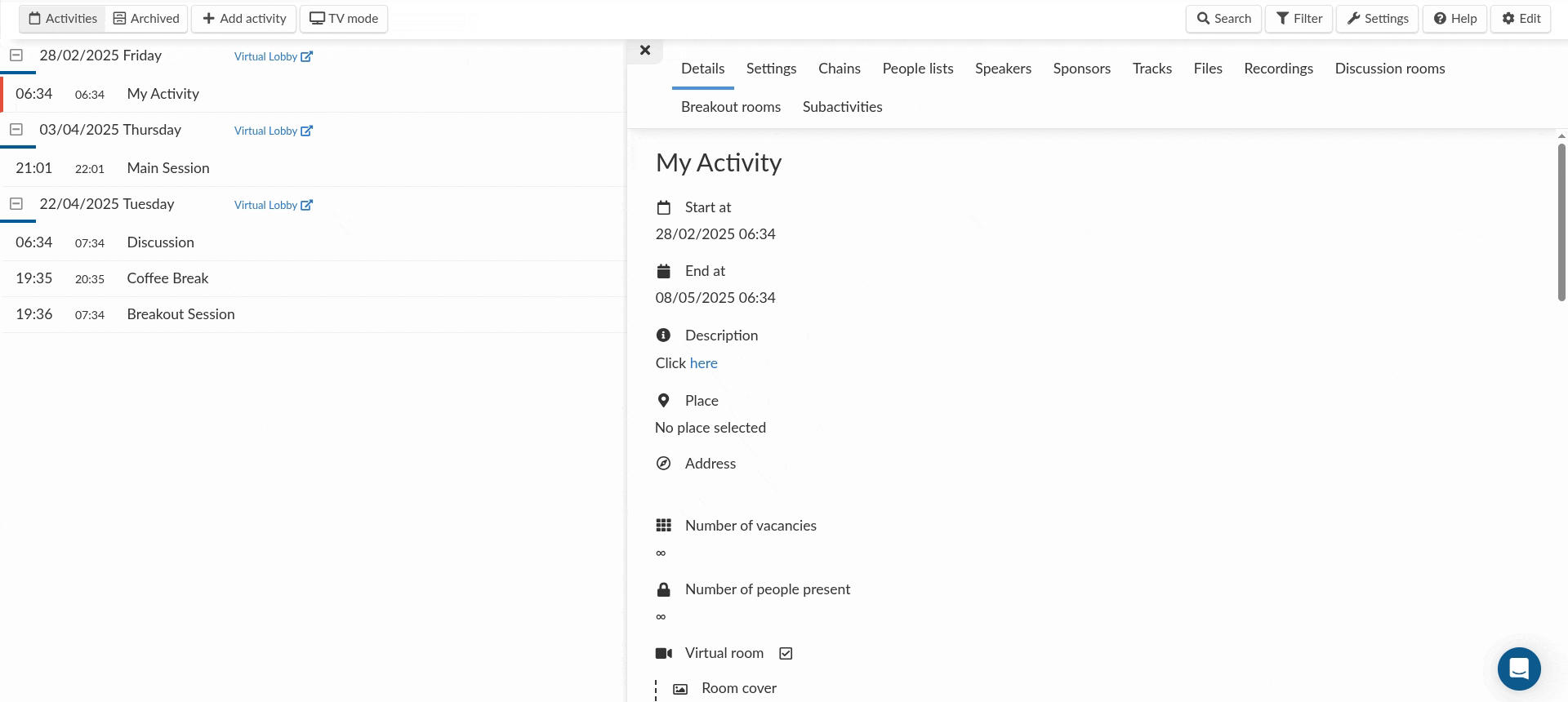 Editing the activity's details