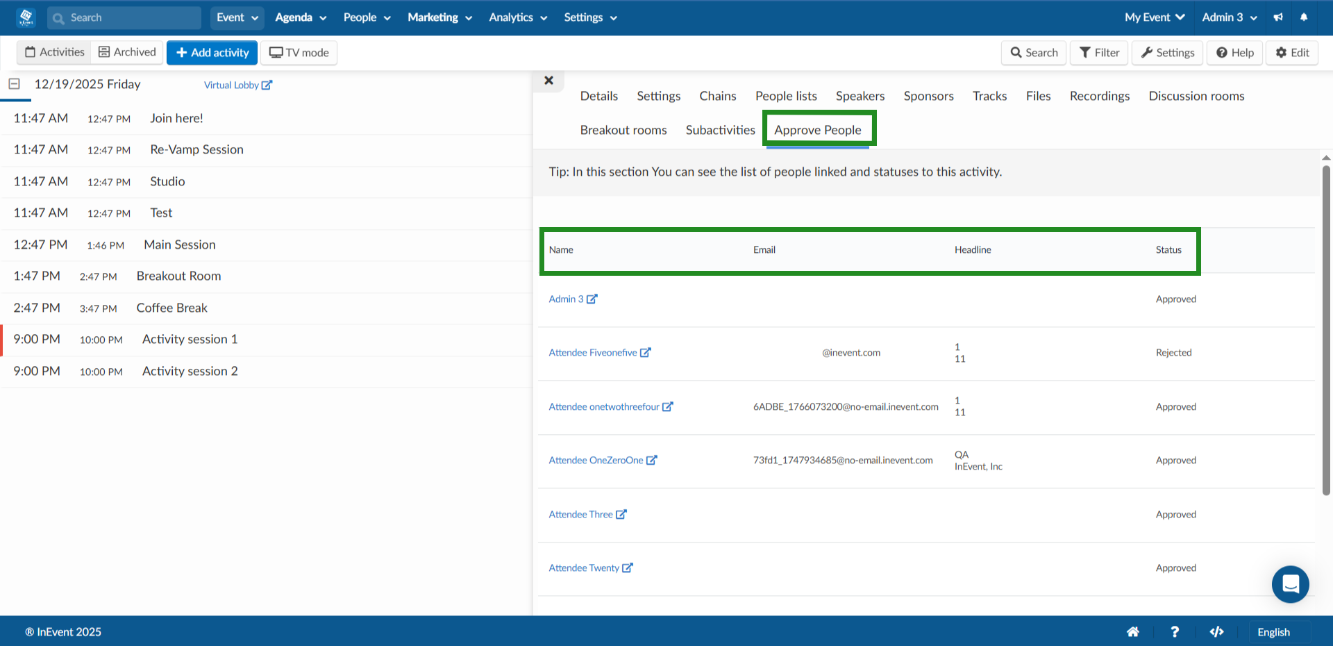 Image showing the Approve people tab for the activity.