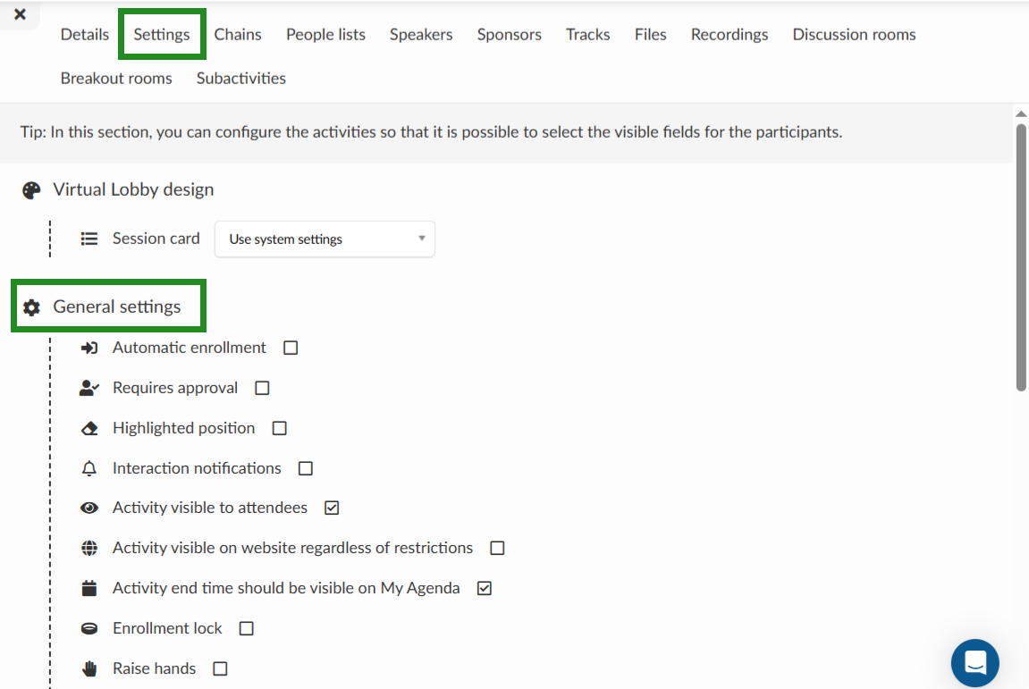 General setting tabs