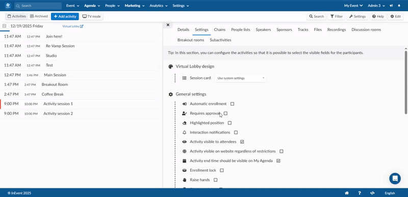 Gif showing enabling the requires approval setting, which allow additional setting for sponsors to approve or reject attendee's enrollment for the activity.