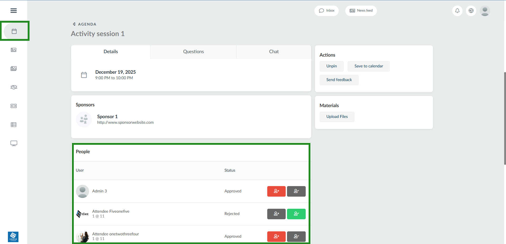 Image showing my agenda tab for event admin to approve or reject attendee enrollment for an activity.