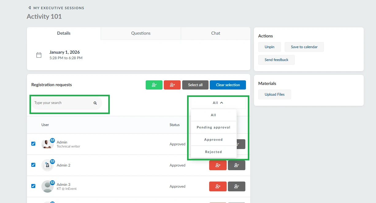 Searching for attendees and filtering statuses