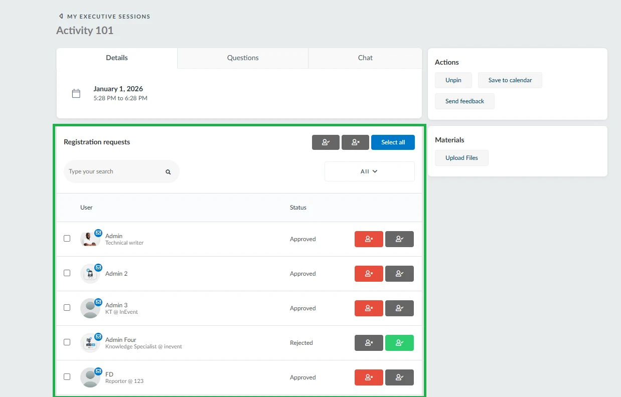 Image showing my agenda tab for event admin to approve or reject attendee enrollment for an activity.