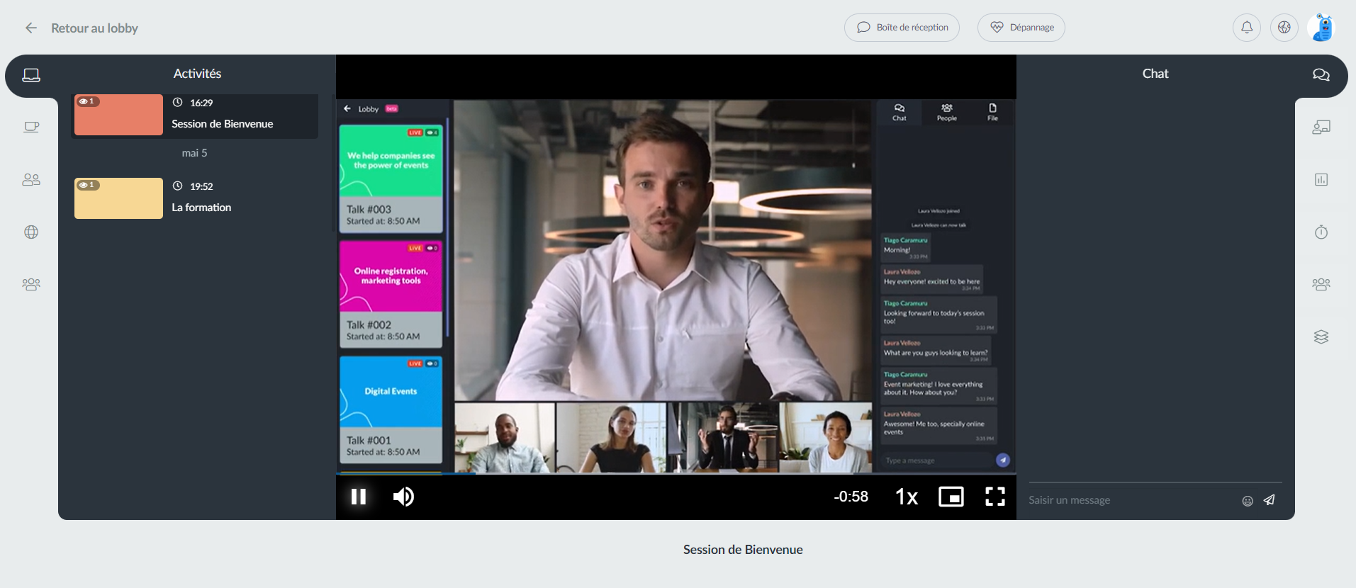 Capture d'écran montrant comment les participants verront une salle virtuelle dont le contenu est une vidéo téléchargée