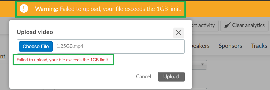 Error message when uploading a video above 100 MB with the Large files tool disabled
