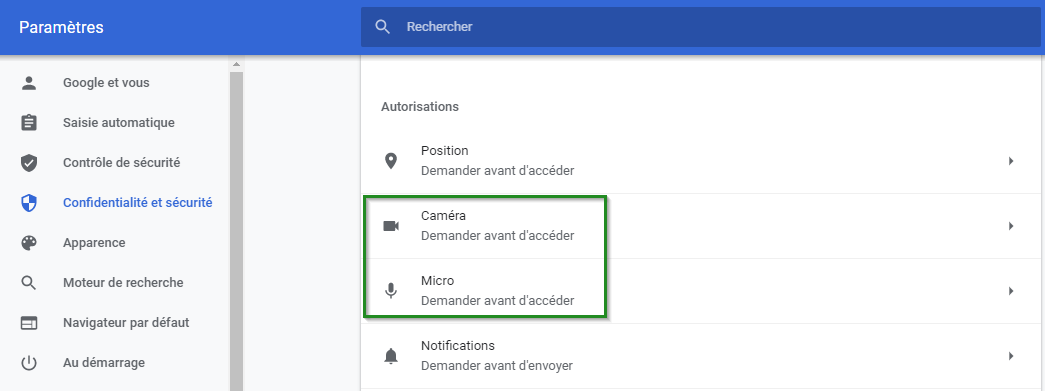 Capture d'écran des paramètres de Google Chrome > Caméra