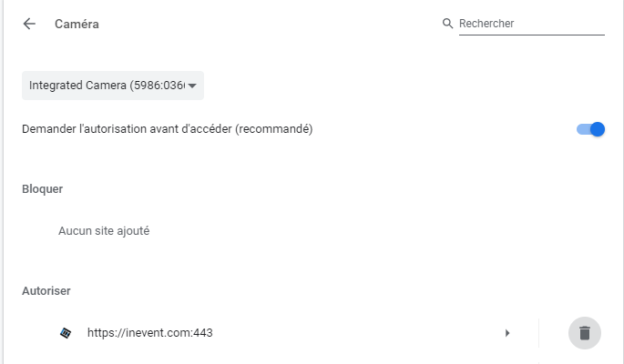 Capture d'écran de l'autorisation de la caméra dans Google Chrome