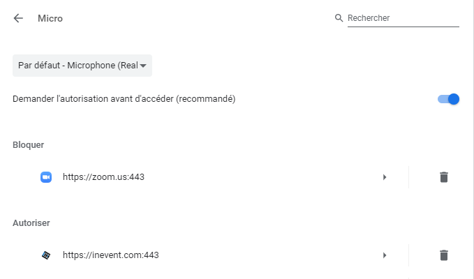 Capture d'écran de l'autorisation de Microphone dans Google Chrome