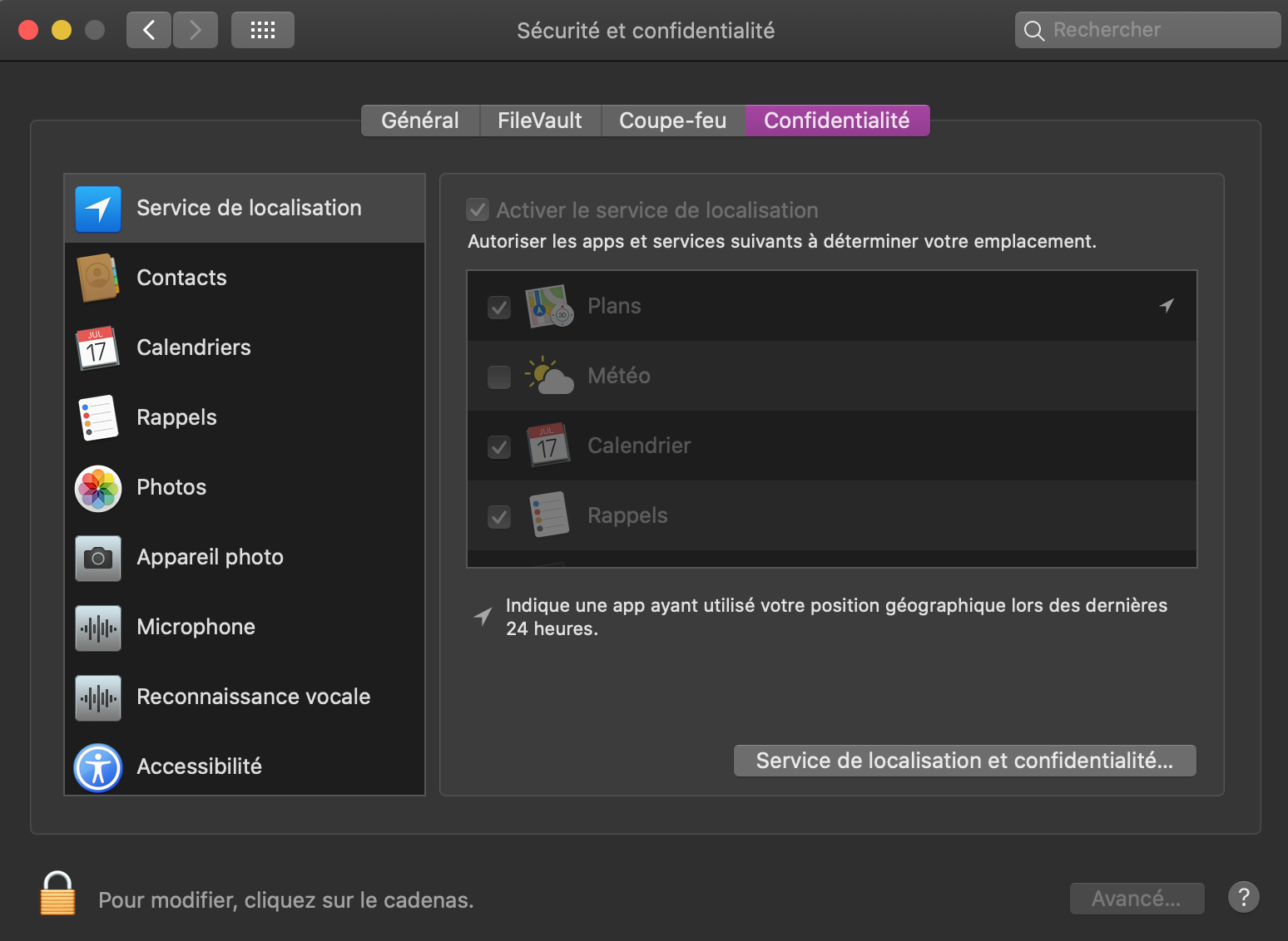 Capture d'écran des paramètres de confidentialité de Mac 