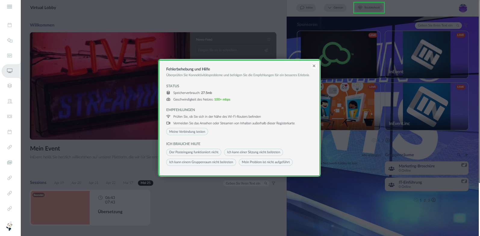 Virtual Lobby troubleshooting button