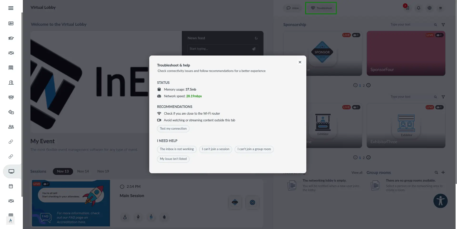 Virtual Lobby troubleshooting button