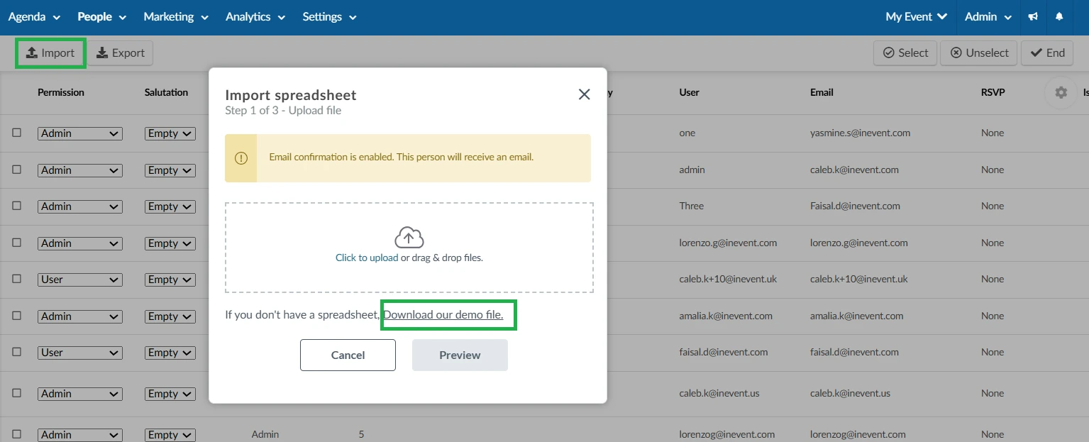 Downloading InEvent's import demo file