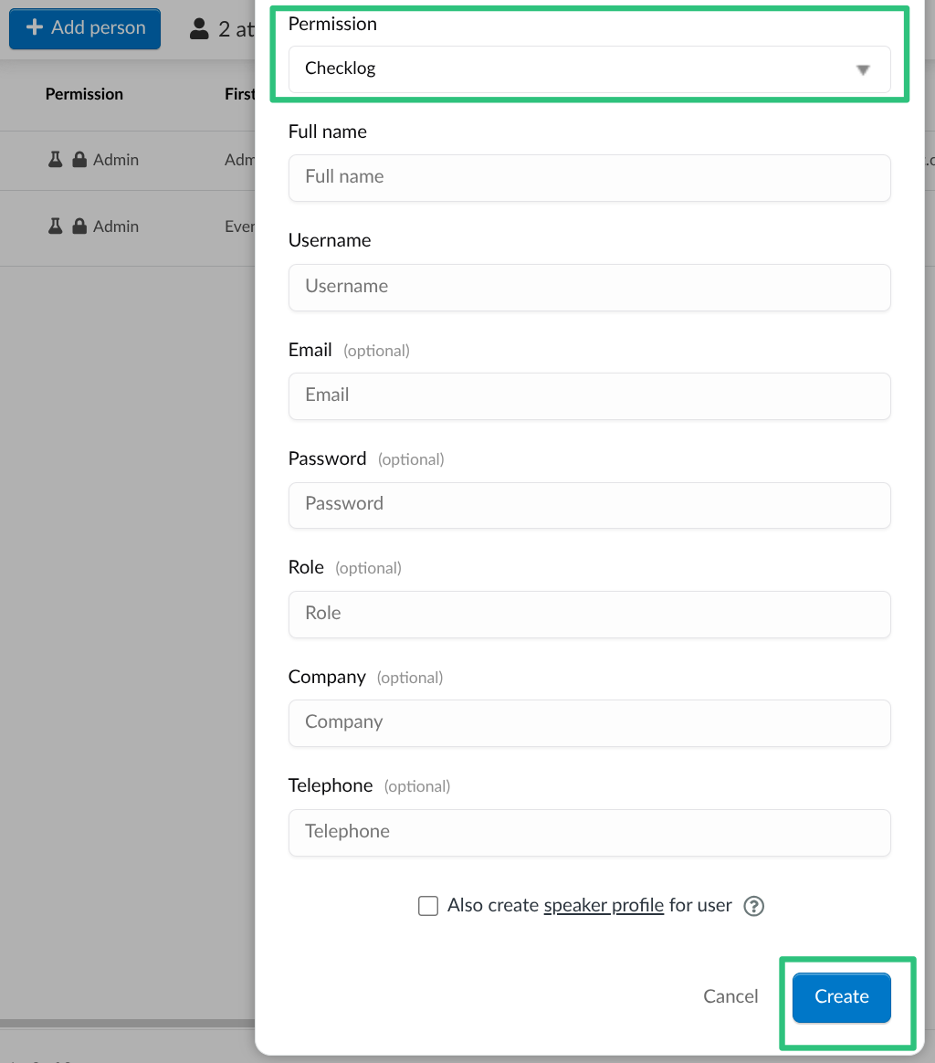 Screenshot showing the creation of a profile with checklog permissions