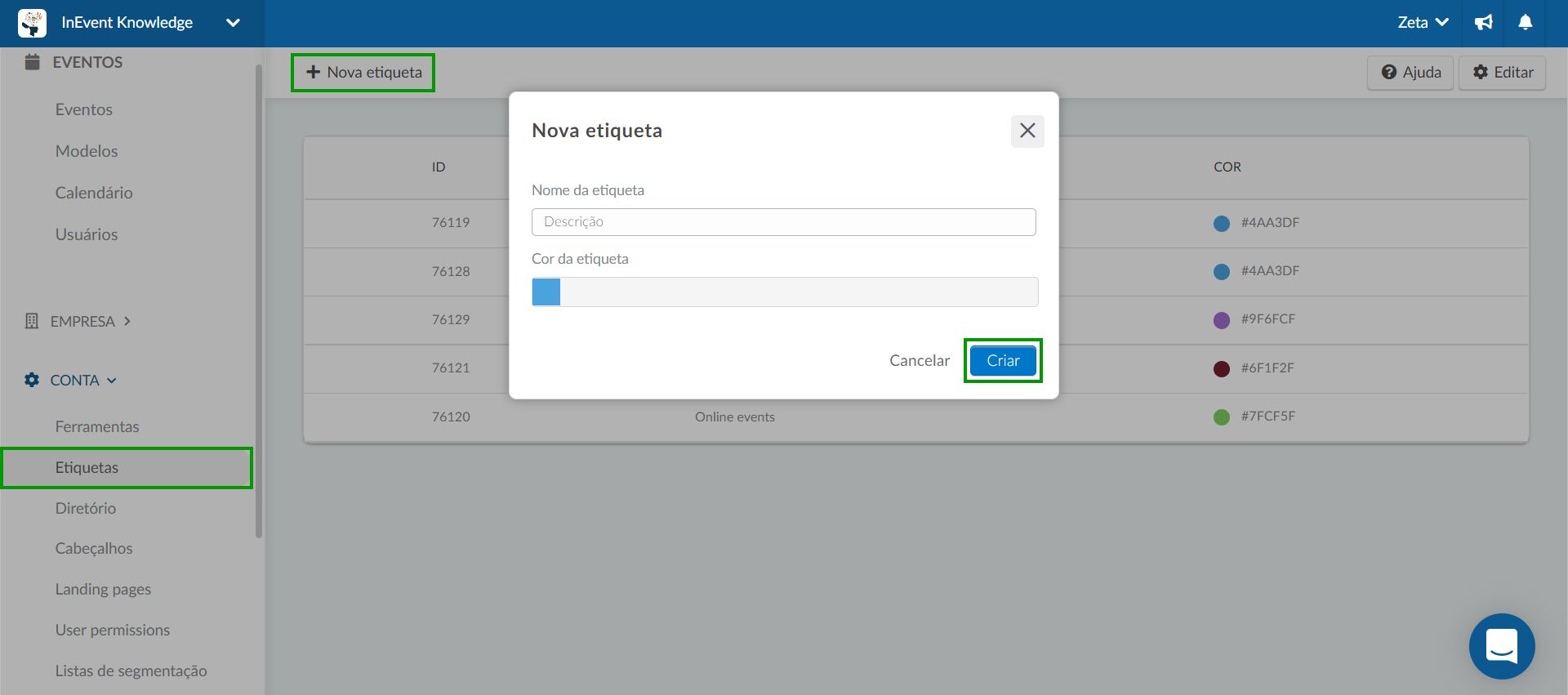 Captura de tela do caminho Nível empresarial > Conta > Etiqueta