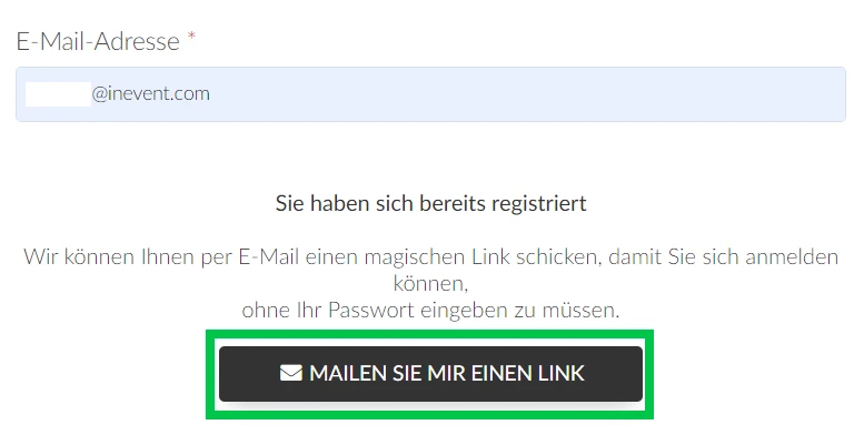 Es erscheint eine Meldung, dass Sie bereits registriert sind und Sie sollten eine E-Mail an mich drücken, um eine E-Mail mit Ihrem einzigartigen Link zu erhalten, um auf die Virtual Lobby zuzugreifen.