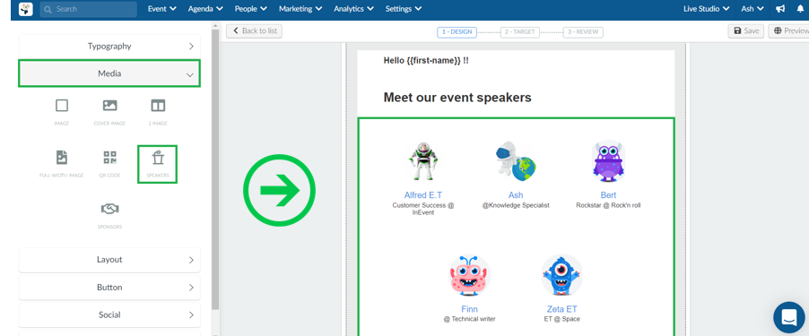 Speakers Section in the Email creator