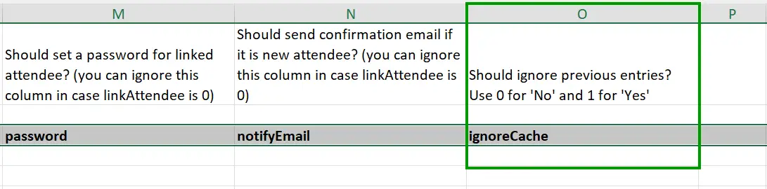 Screenshot showing the import spreadsheet with ignoreCache displayed.