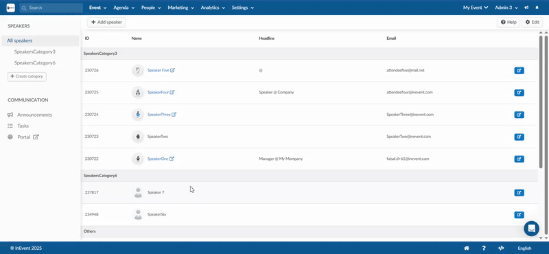 Gif showing how to link activity to speaker from the speaker detail card at Event > Speakers.