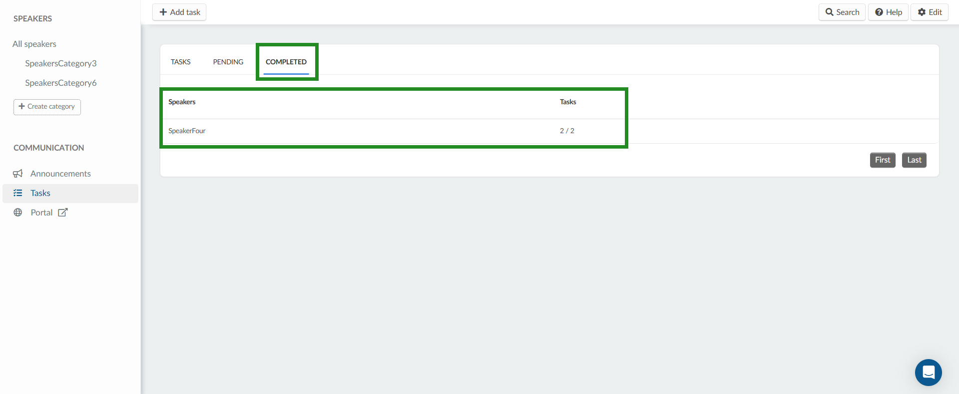 Image showing the completed tasks tab, which displays the speakers who have completed all the tasks.