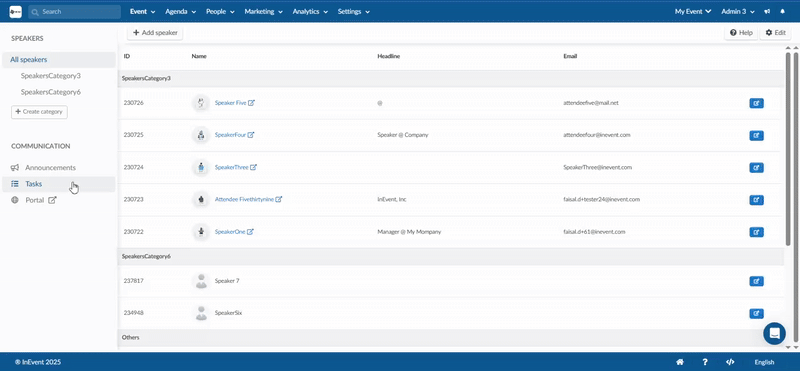 Gif showing how to extract tasks report from Event > Speakers > Tasks page.