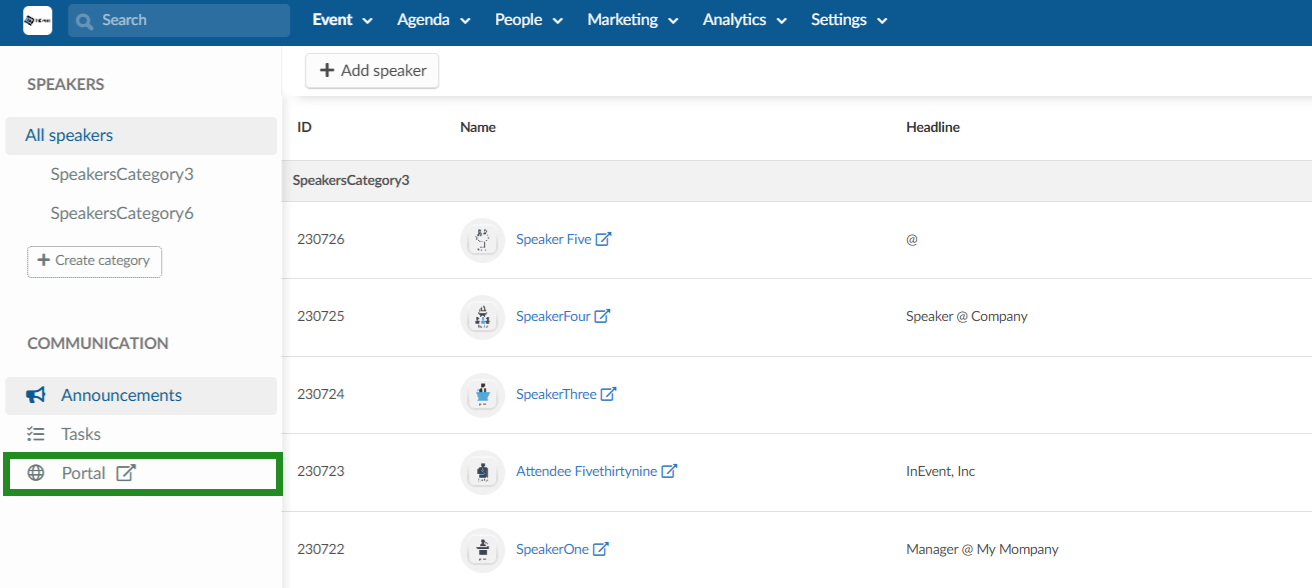 Image showing the Portal tab at Event > Speakers page.