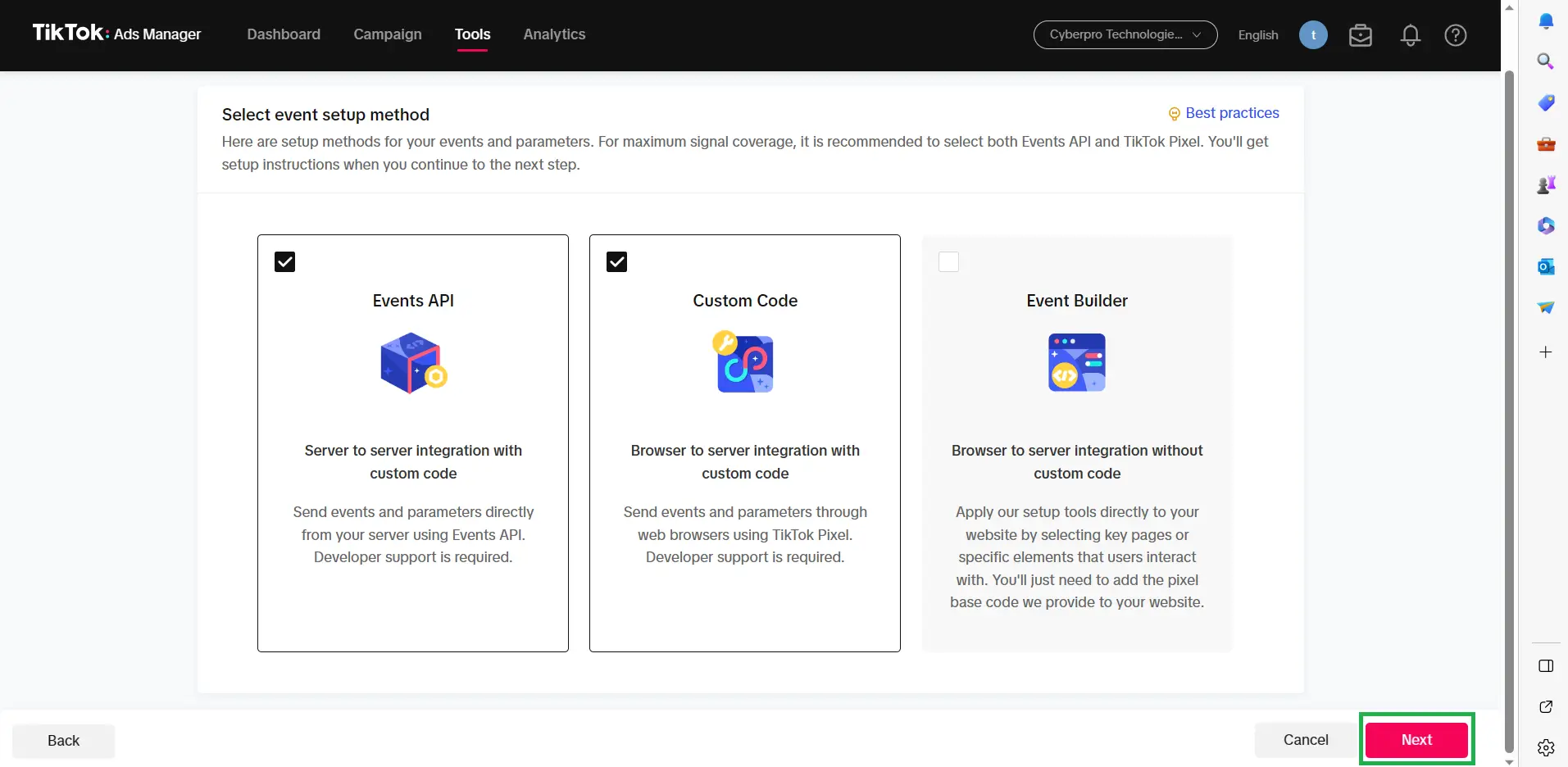 Image showing the available methods to choose from and the Next button