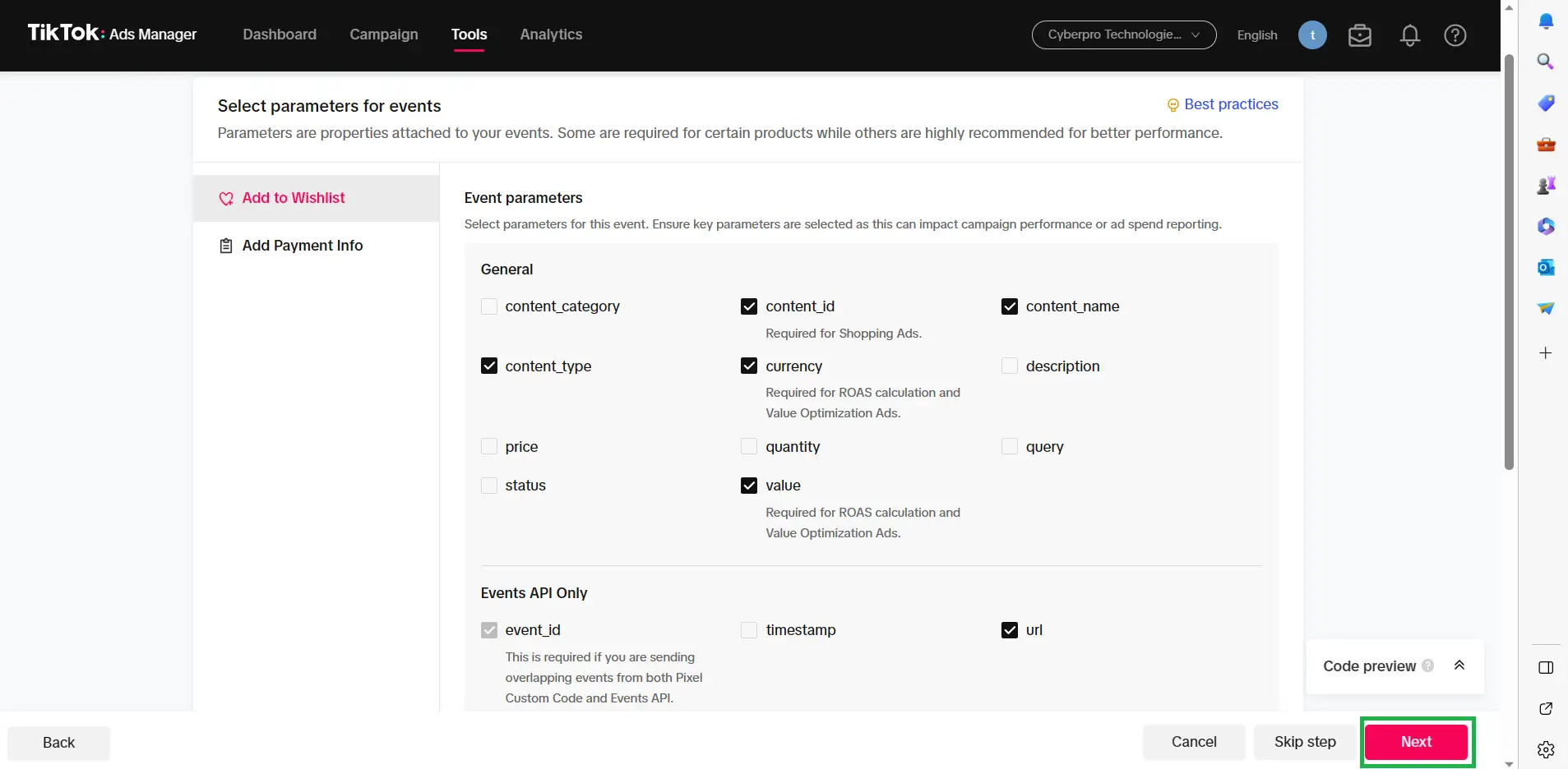 Select parameters