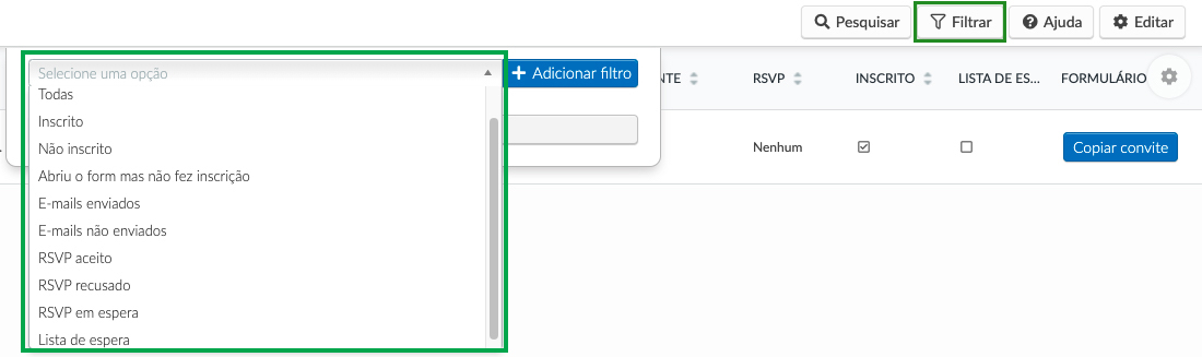 Captura de tela do botão Filtrar e da lista de filtros dentro da página Convidados