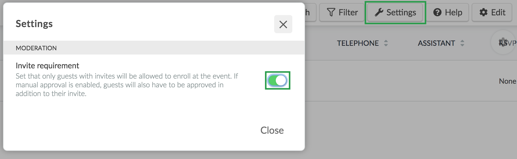 Image showing how to enable invite requirement