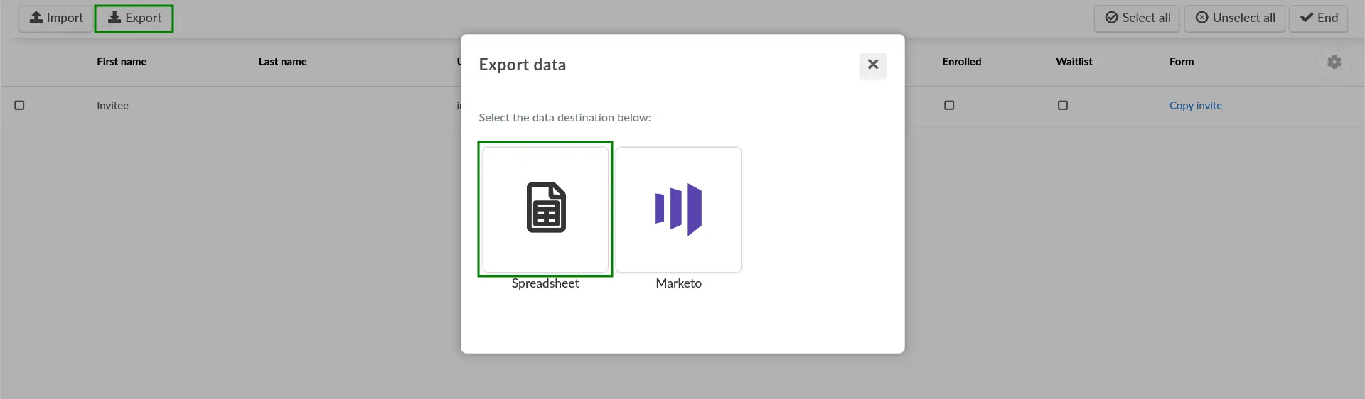 Screenshot showing the Export data pop-up box